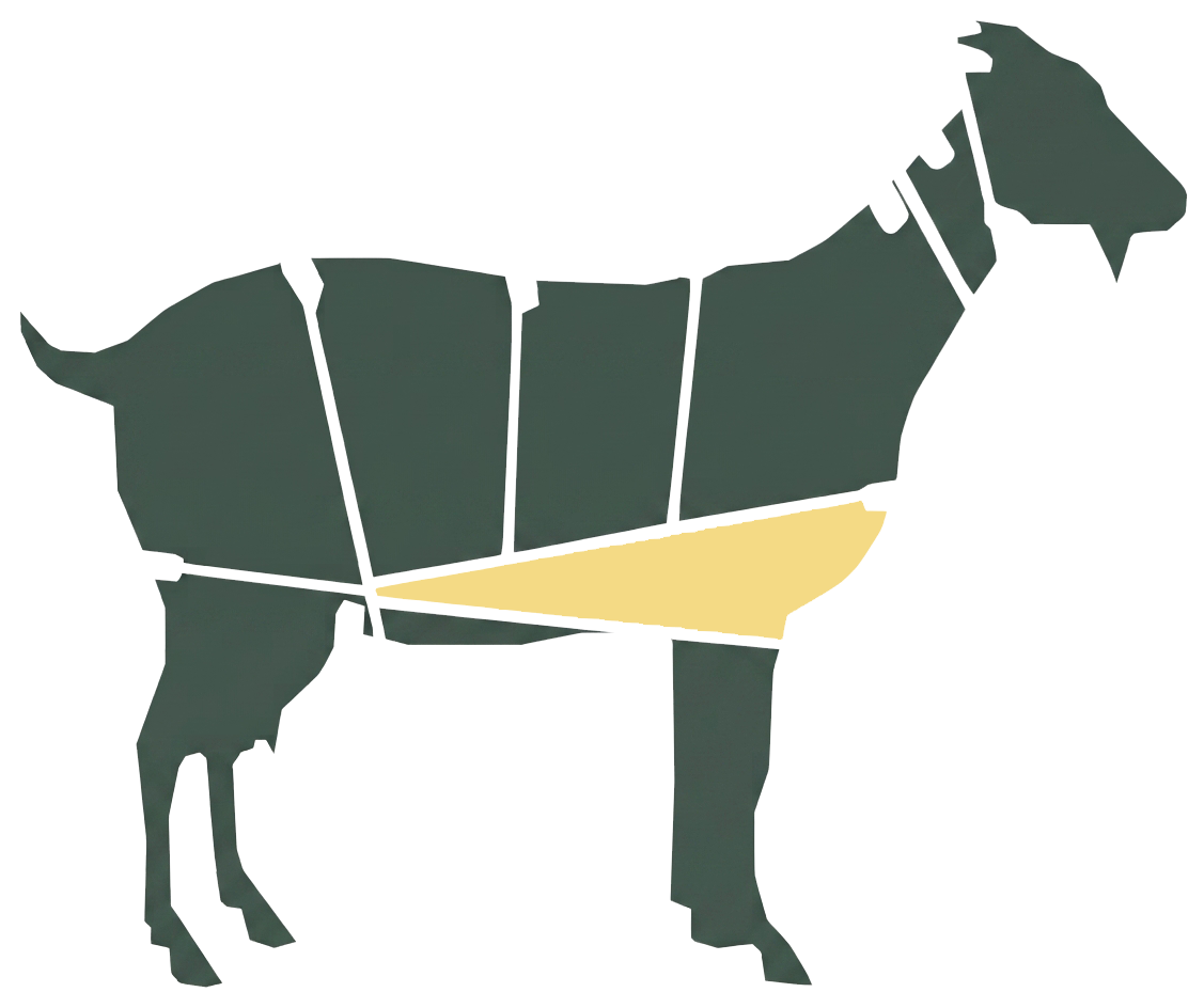 Breast and Riblets primal highlighted on a goat and lamb carcass chart