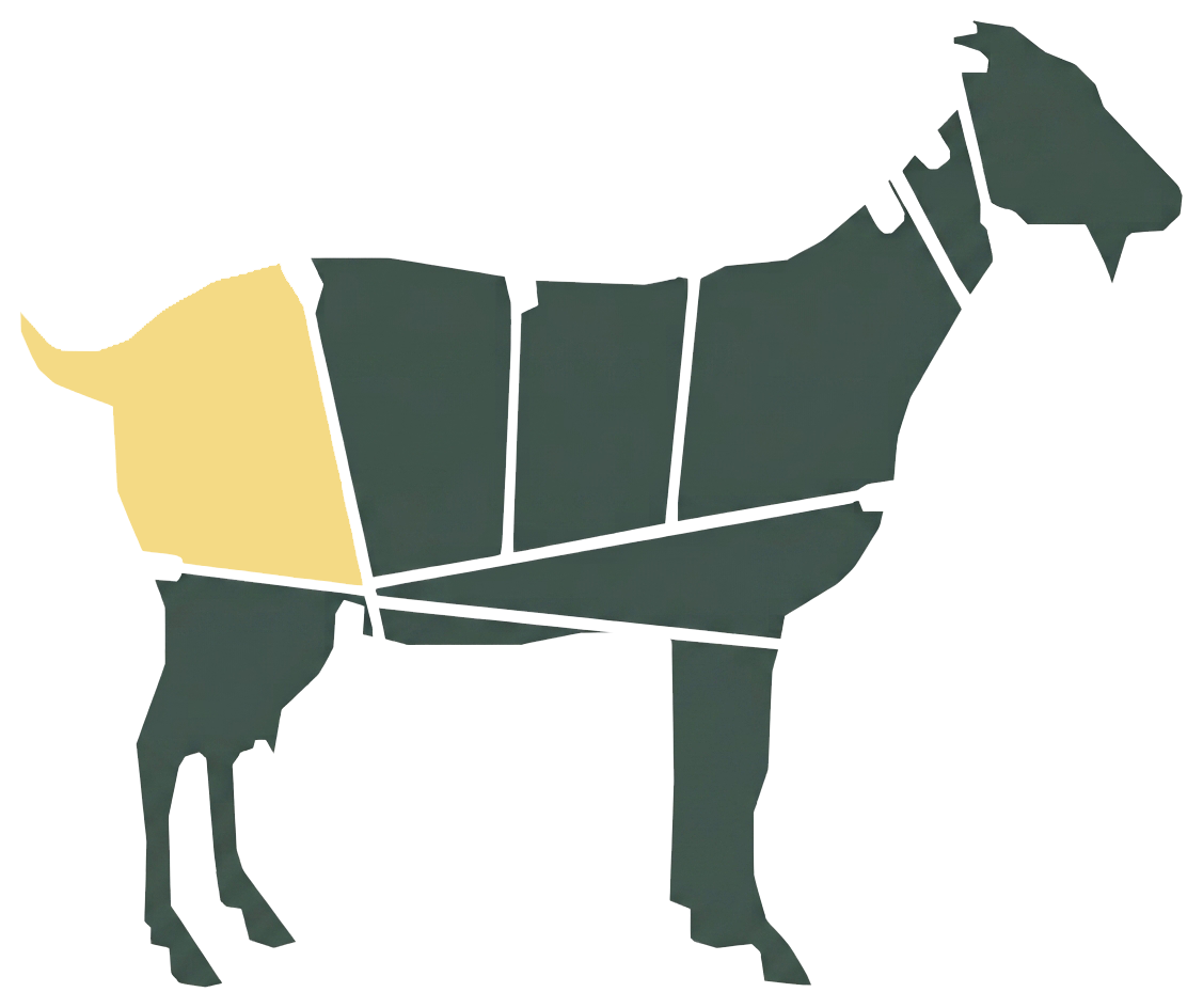 Leg primal highlighted on a goat and lamb carcass chart